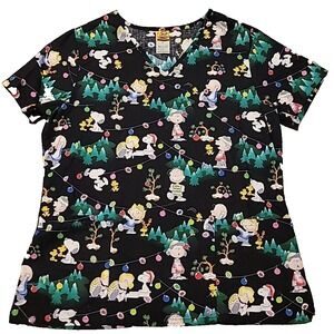 Peanuts Christmas Medical Scrub Ladies Medium Uniform Top Black‎ Snoopy